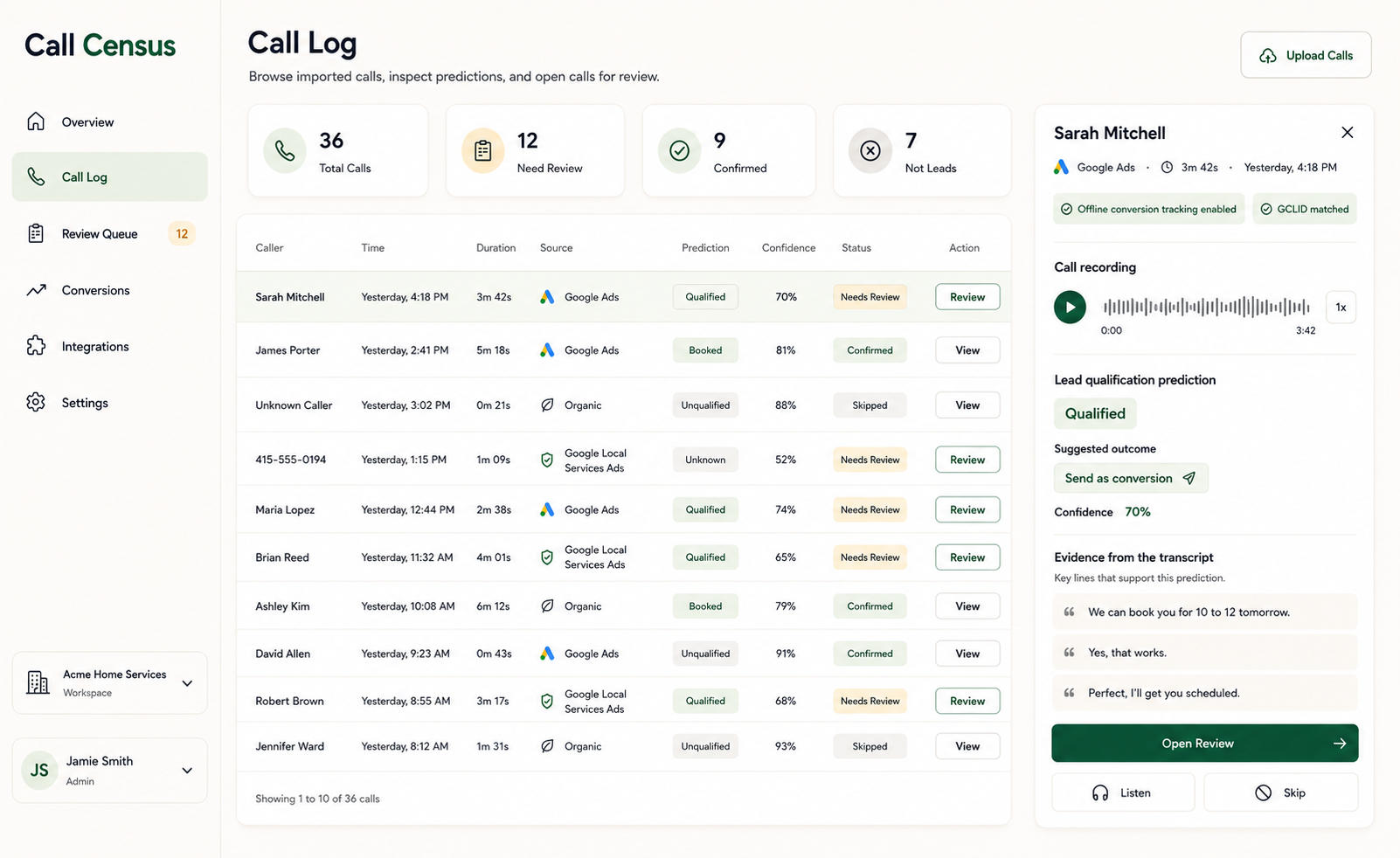 Call Census call log showing AI predictions, review status, and conversion evidence